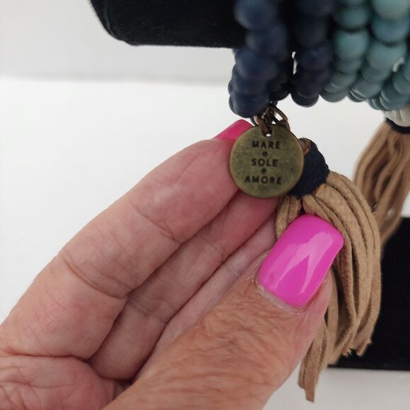 Mare Sole Amore Wrap Bracelet Multicolor Blues  Beaded Tassels Charm NWOT Boho - Picture 5 of 10
